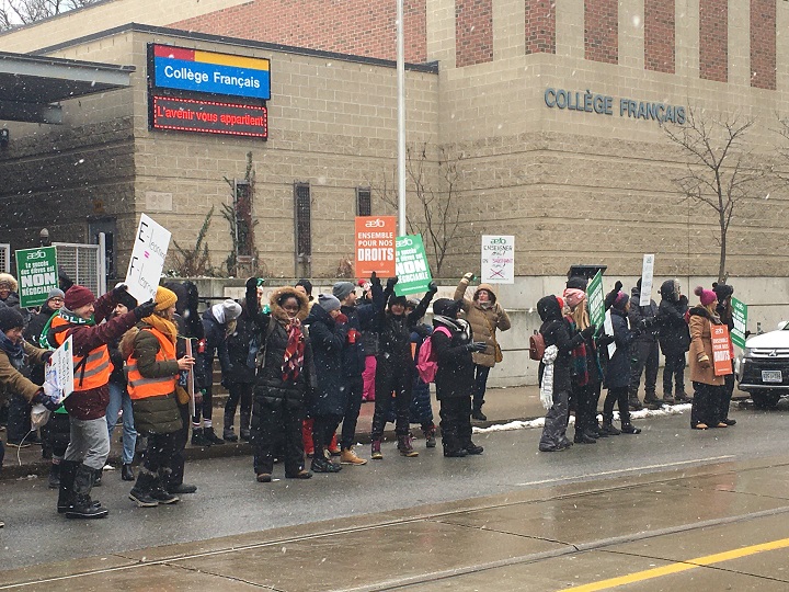 Association des enseignantes et des enseignants franco-ontariens (AEFO) - Ontario's French-language teachers - picketing in a one-day strike on Feb 13, 2020.