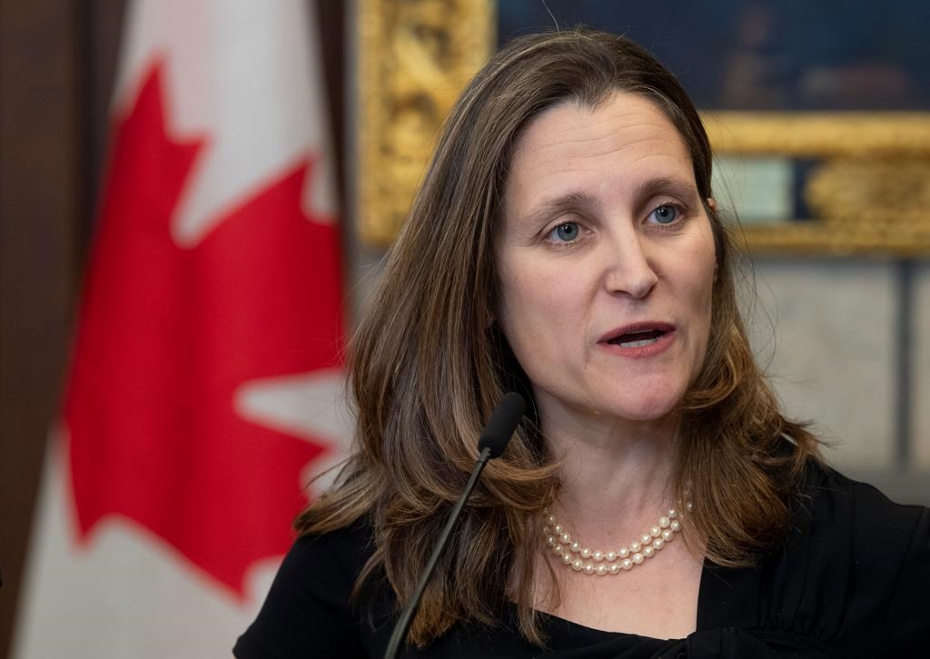 Deputy Prime Minister and Minister of Intergovernmental Affairs Chrystia Freeland speaks with the media before Question Period on Parliament Hill in Ottawa, Tuesday Feb. 18, 2020. 