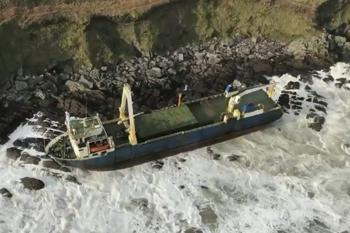 This image shows the abandoned cargo ship MV Alta, that has washed up on the coast of County Cork, near Ballycotton, southern Ireland.