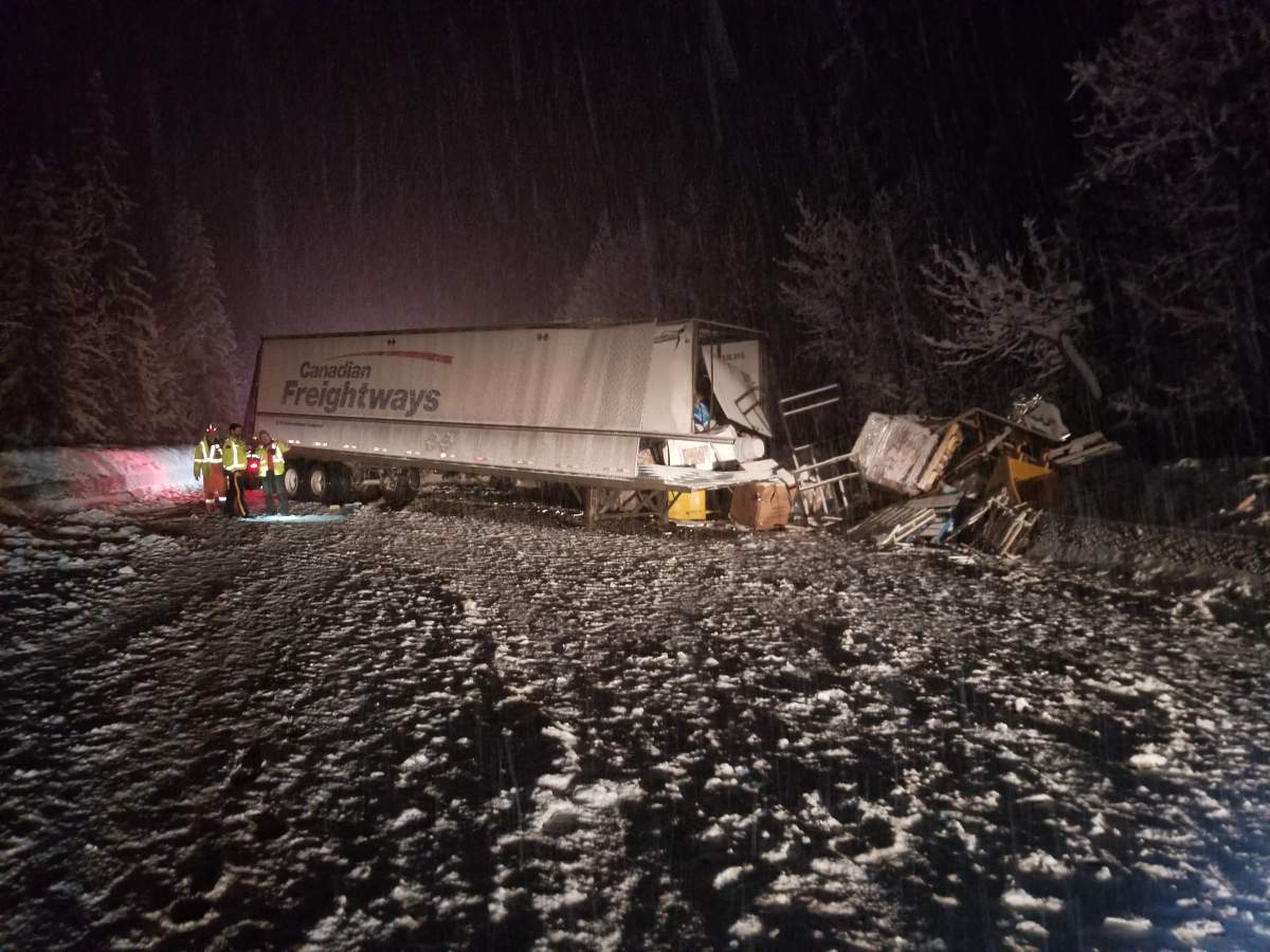 Emergency crews at the scene of a chain-reaction accident along the Trans-Canada Highway, east of Revelstoke, B.C., on Thursday night.