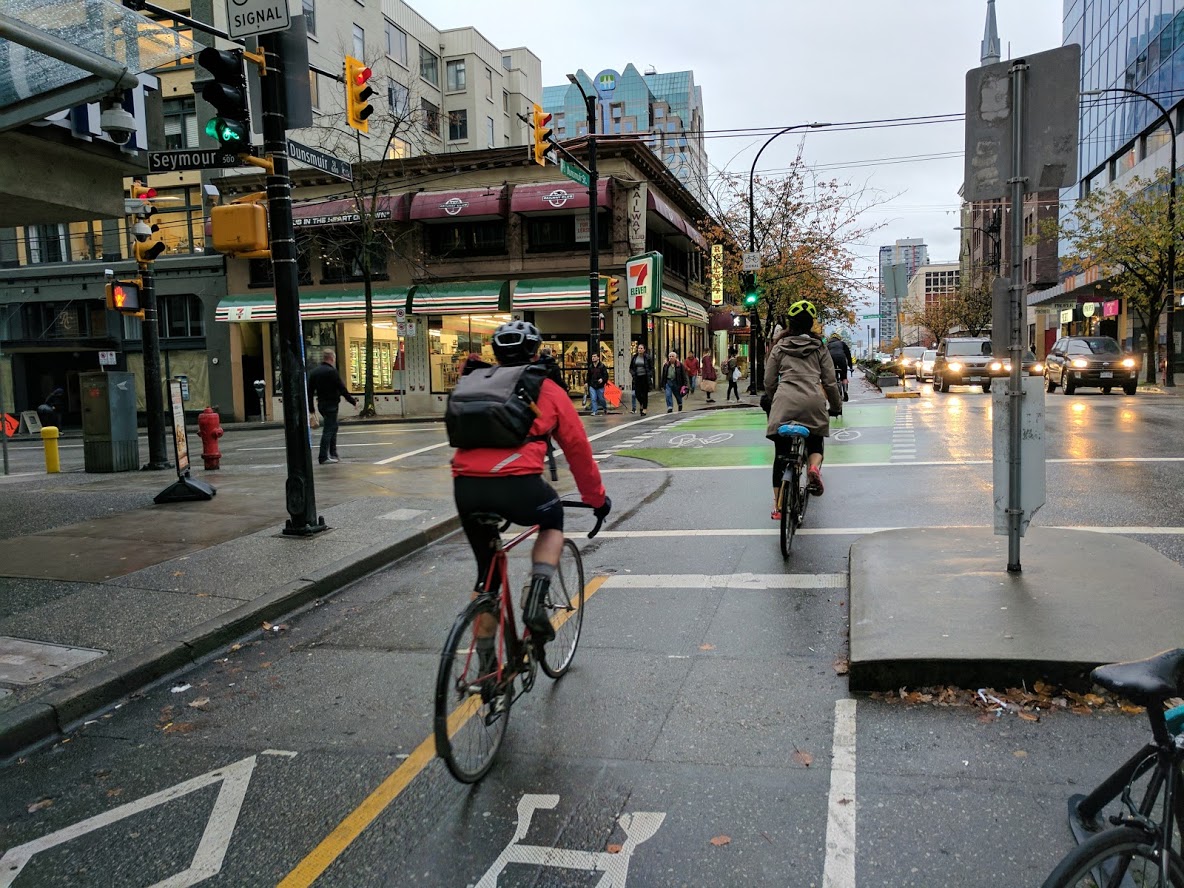 Cyclists use a separated bike lane on Dunsmuir Street in downtown Vancouver in this undated photo. 