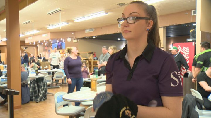 Josie Brooks, 20, prepares to bowl during the Monday night super league at Regina’s Golden Mile Bowling Lanes on Feb. 10, 2020.