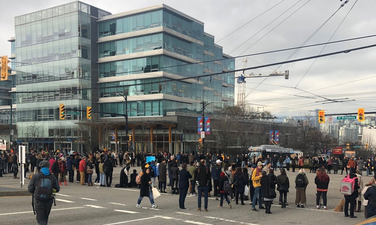 Protesters occupy the intersection of Cambie and Broadway on Tuesday, Feb. 11, 2020. 