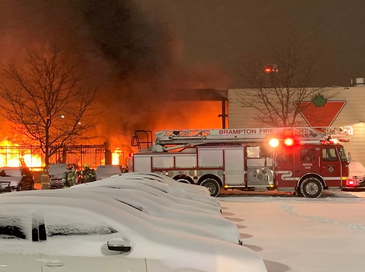 A photo from the scene of a fire at a Canadian Tire at McLaughlin Road North and Bovaird Drive West in Brampton.