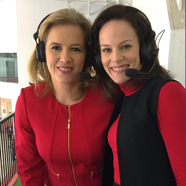 Cassie Campbell-Pascal and Leah Hextall during the broadcast of a CWHL game between the Toronto Furies and Calgary Inferno in Toronto.