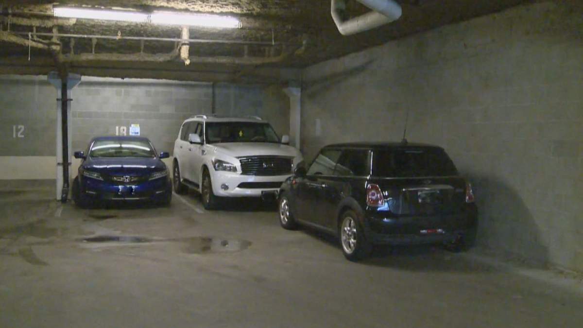 The scene of a double parking at the Holy Trinity Anglican Church underground parking lot in Vancouver, B.C., on Feb. 11, 2020.