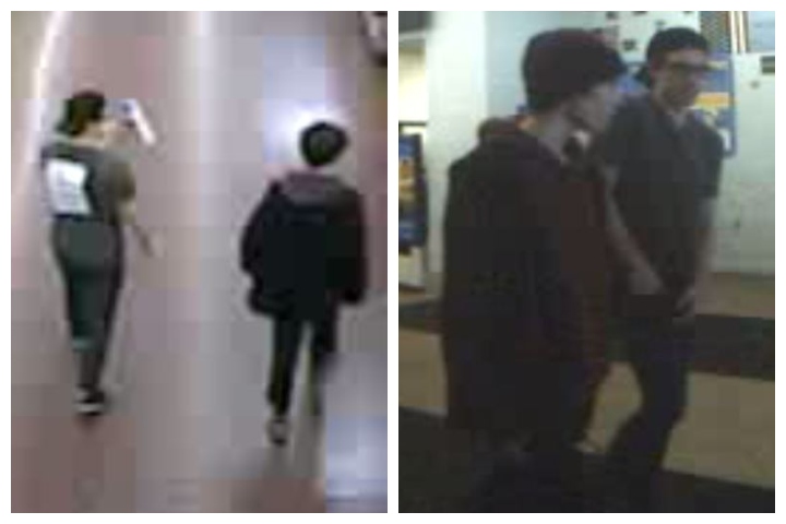 Two suspects are shown during a suspected coronavirus prank at a Walmart in Joliet, Ill., on Feb. 2, 2020.