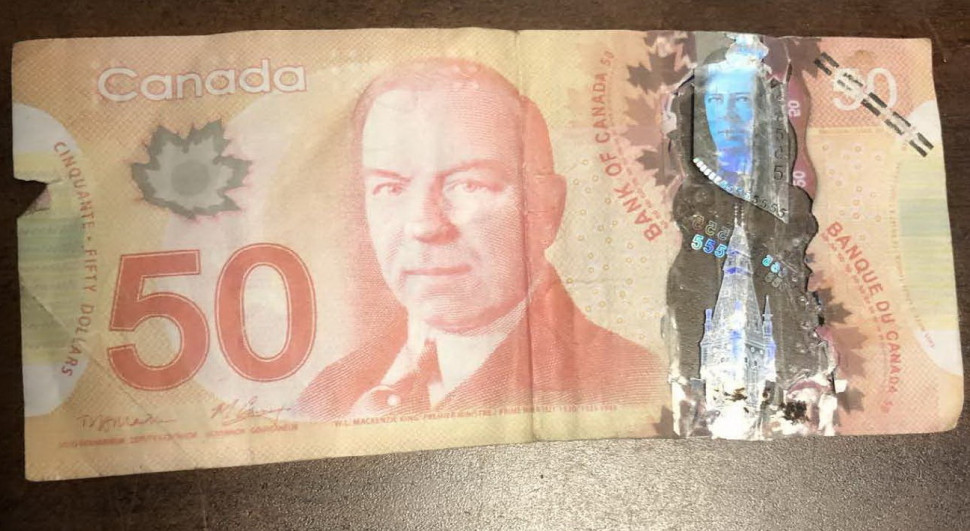 Image of a counterfeit Canadian $50 bill taken by police. 