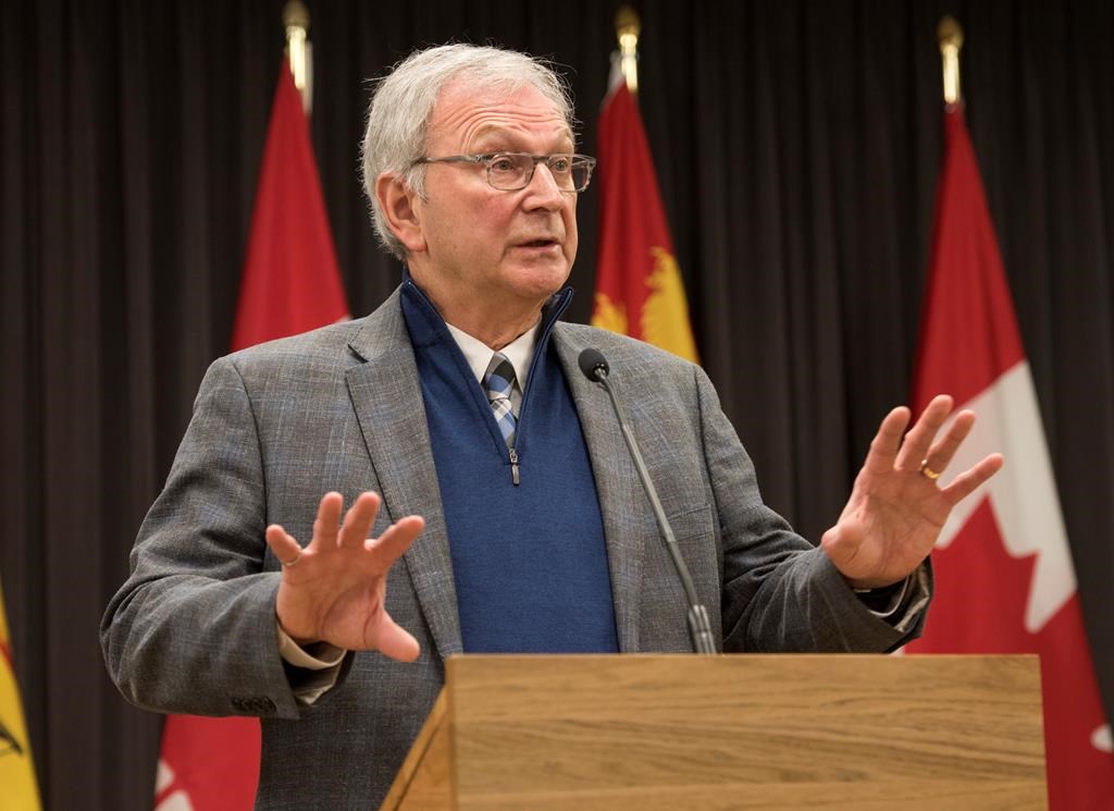 New Brunswick Premier Blaine Higgs speaks with the media in Fredericton, New Brunswick on Monday February 17, 2020.