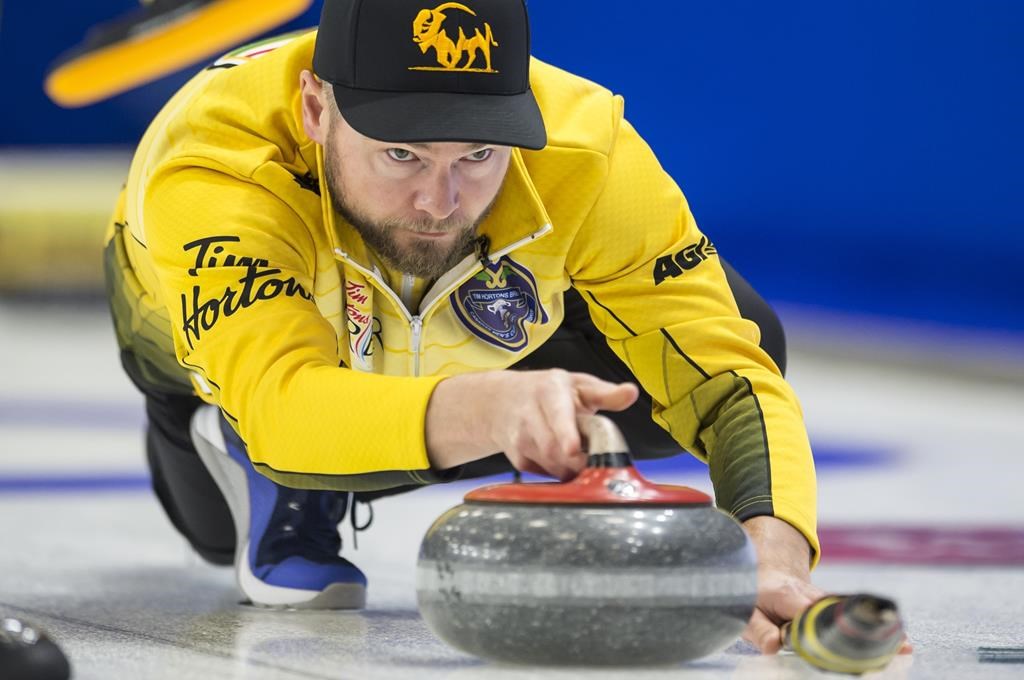 Team Manitoba skip Mike McEwen makes a shot during the 8th draw against Team Newfoundland and Labrador at the Brier in Brandon, Man. Tuesday, March 5, 2019.