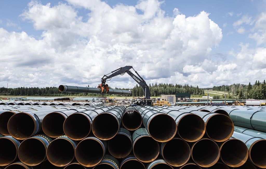The Trans Mountain Expansion project says it has reached another "key milestone" as it works to triple capacity of a pipeline moving oil from the Edmonton area to port in Burnaby, B.C. Pipe for the Trans Mountain pipeline is unloaded in Edson, Alta., Tuesday, June 18, 2019. THE CANADIAN PRESS/Jason Franson.