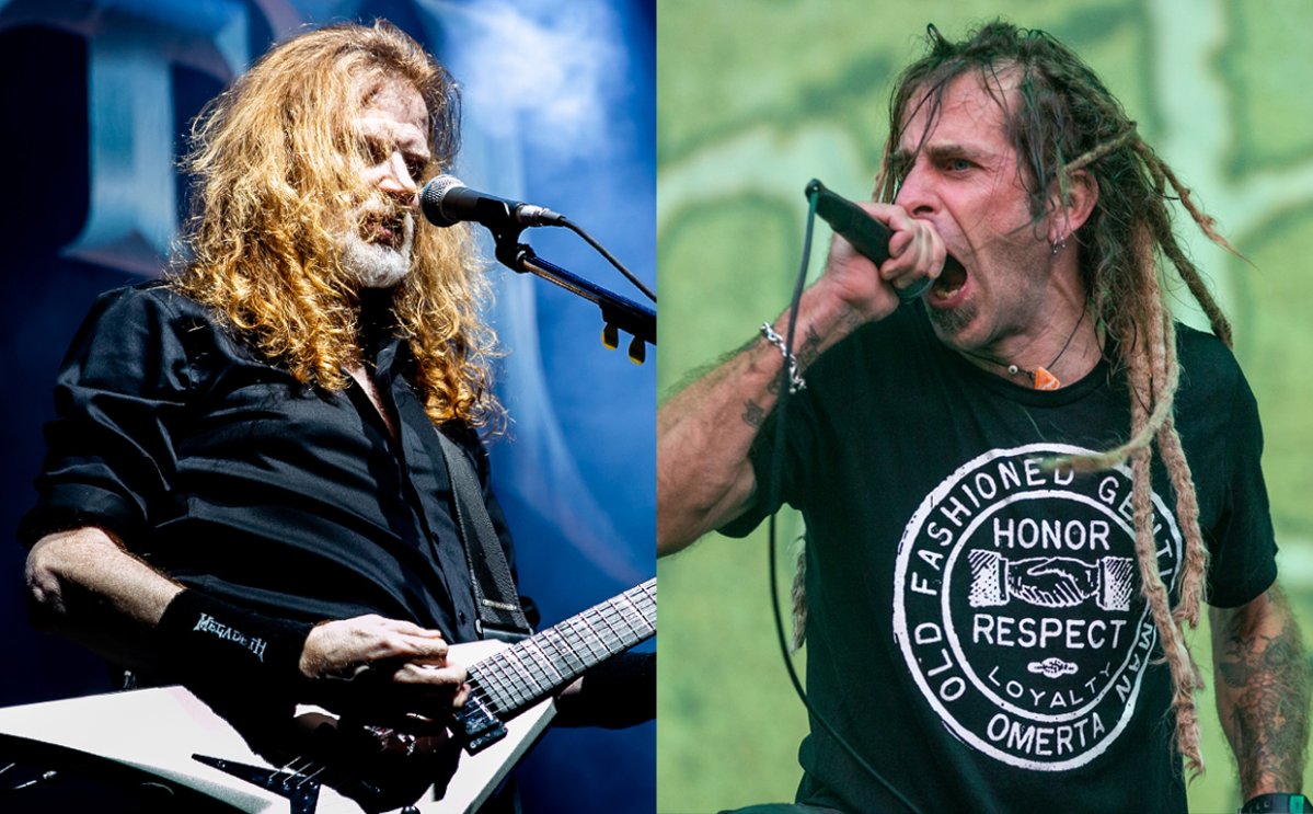 (L-R) Dave Mustaine of Megadeth and Randy Blythe of Lamb of God performing live on stage.