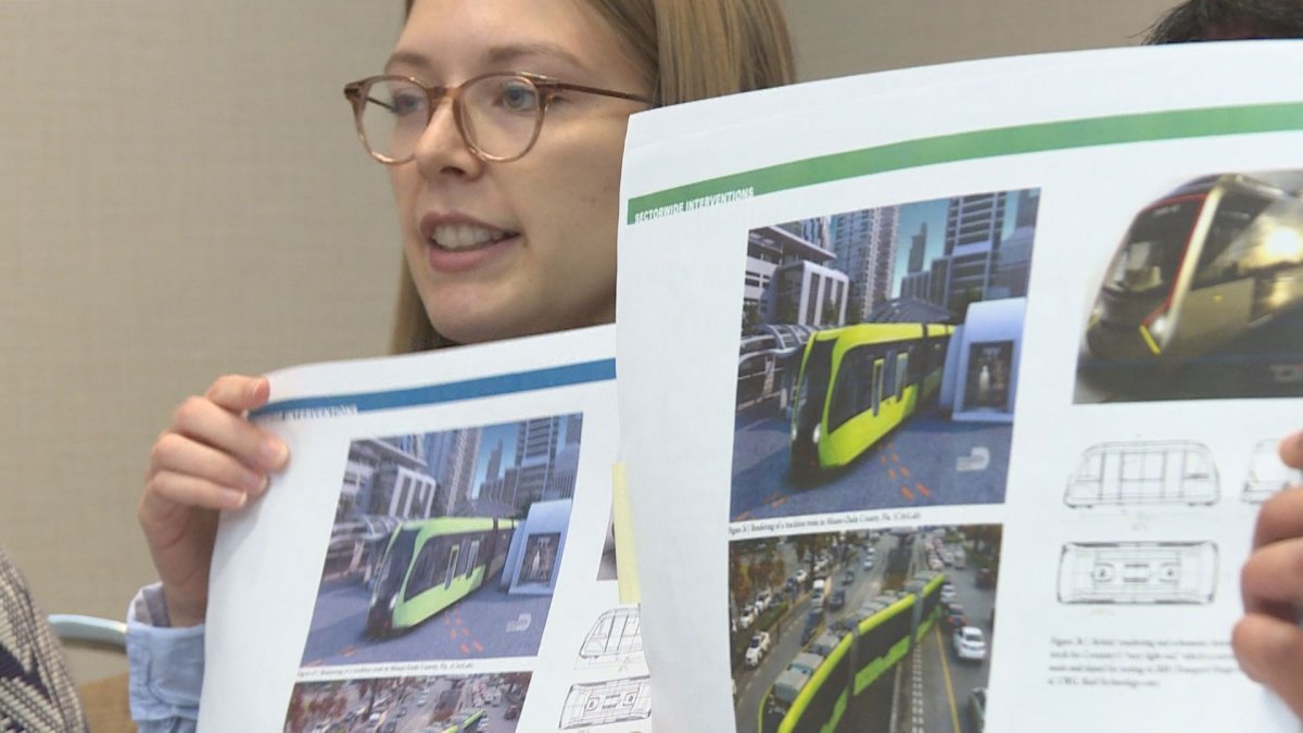 A student from McGill University presents a transit proposal to solve congestion problems around Decarie Boulevard.  (Global News).