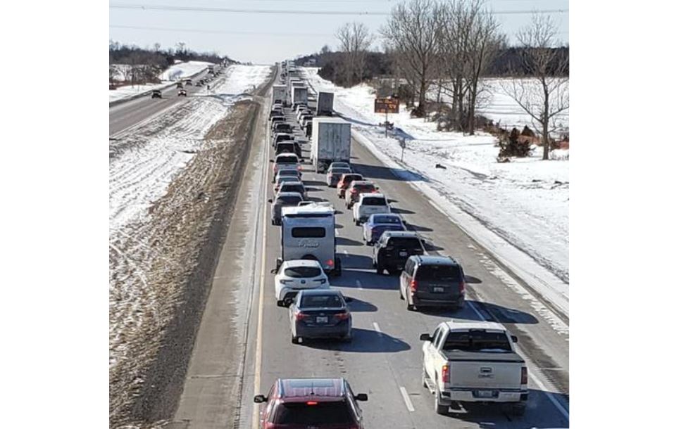 Traffic has been slows in the westbound lanes of Highway 401 for hours Friday following a serious collision involving two transports.