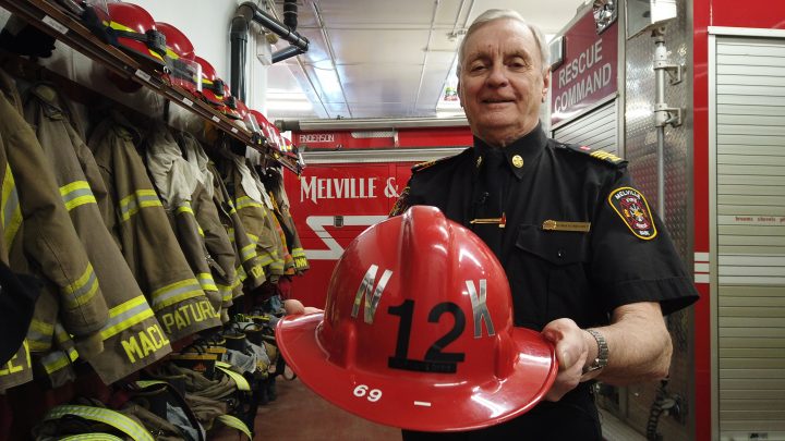 Norm Konechny with the helmet first issued to him in October 1969.