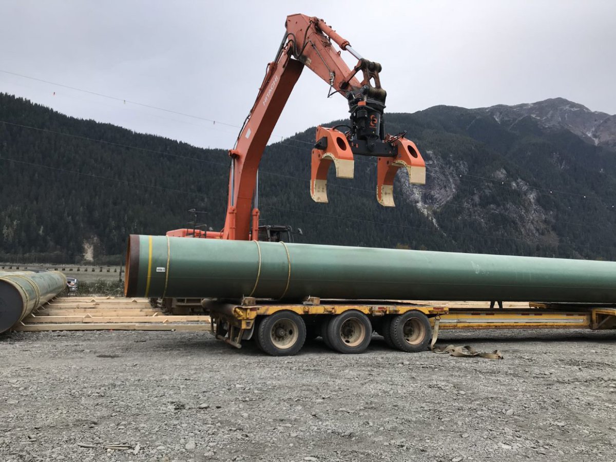 Sections of pipe for the Coastal GasLink pipeline arrive near Kitimat, B.C., in December 2019.