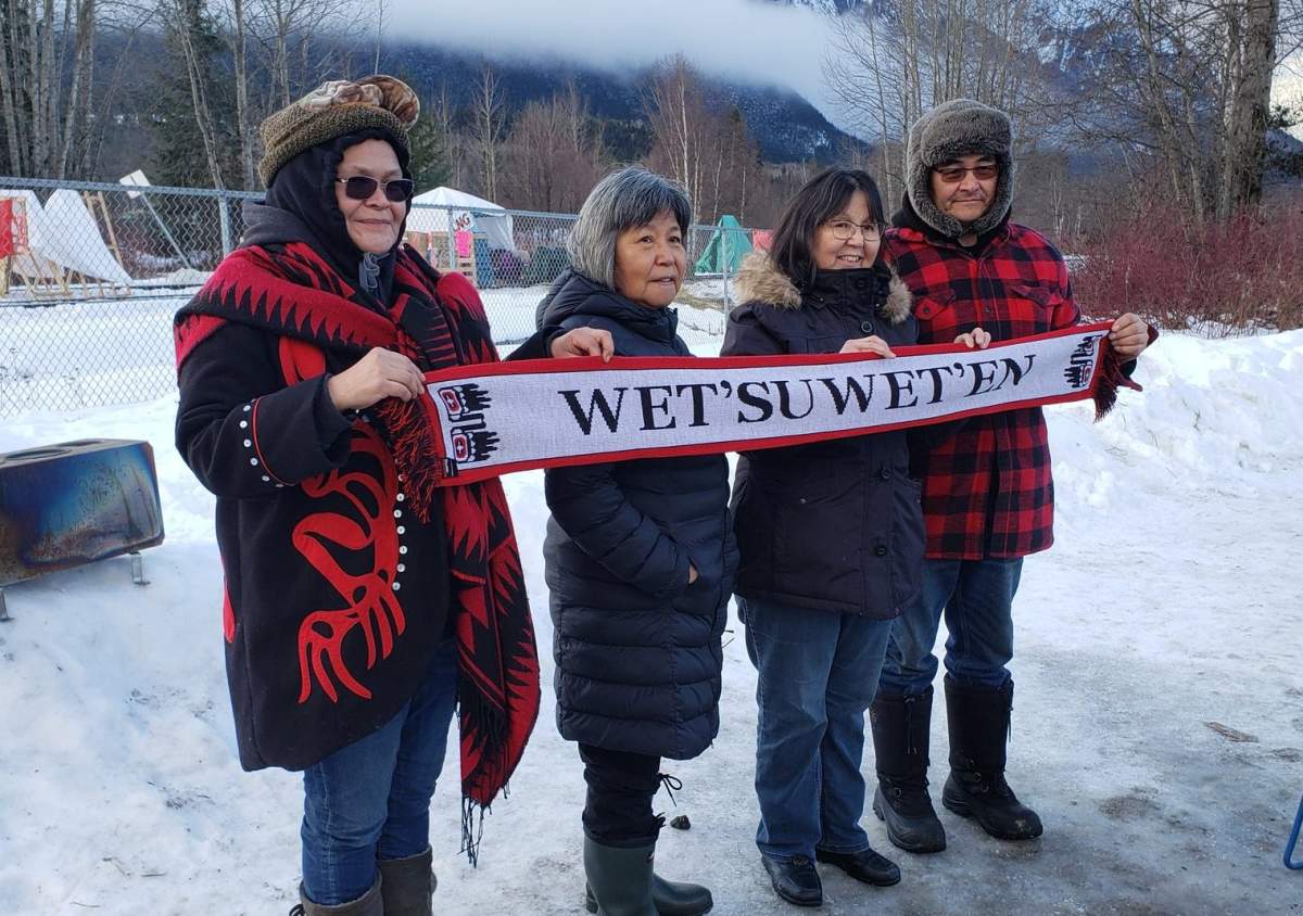 Members of a blockade set up at the CN Rail line near New Hazelton, B.C.