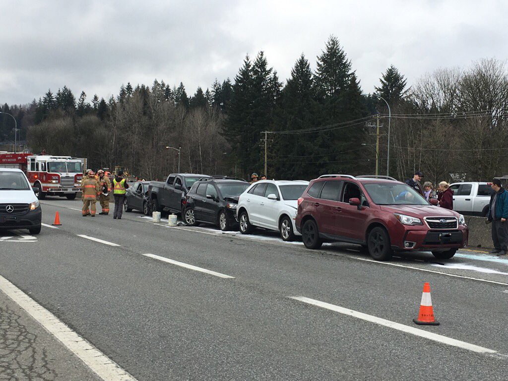 Five of the seven cars said to have crashed on Highway 1 near "The Cut" in North Vancouver on Feb. 22, 2020.