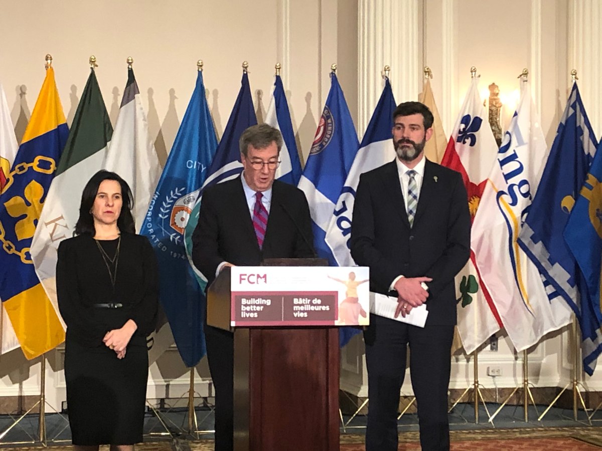 Montreal Mayor Valérie Plante (left), Ottawa Mayor Jim Watson (centre) and Edmonton Mayor Don Iveson (right) speak to reporters during a Federation of Canadian Municipalities press conference in Ottawa on Feb. 6, 2020.