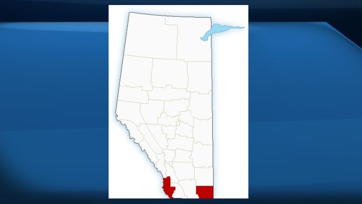 A map of Alberta with areas in red indicating where a snowfall warning was in place on Friday night. 