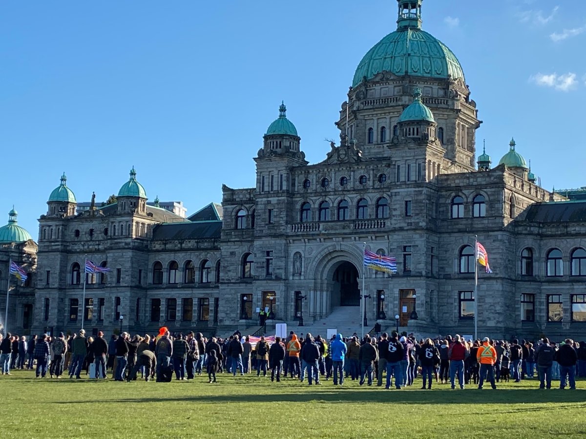 Forestry workers hold a rally at the B.C. legislature on Tuesday, Feb. 18, 2020. 