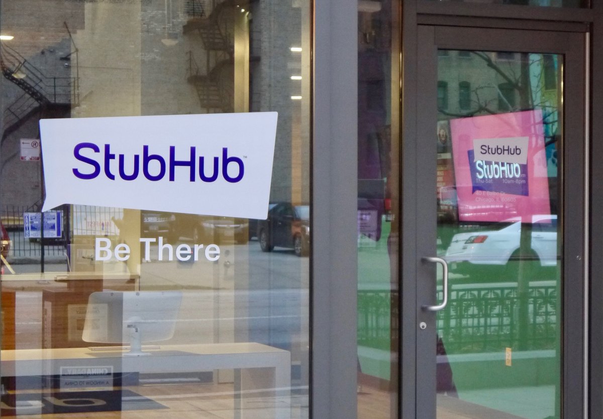 View of the company logo and office entrance for online ticket exchange company StubHub at its location on 40 East Balbo Dr. in Chicago, Illinois, January 2019. 