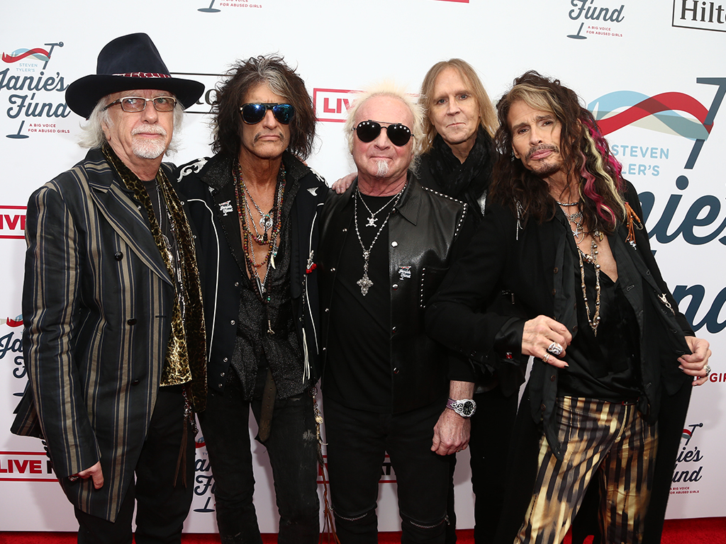 (L-R) Brad Whitford, Joe Perry, Joey Kramer, Tom Hamilton and Steven Tyler of Aerosmith attend Steven Tyler's Second Annual Grammy Awards Viewing Party to benefit Janie's Fund presented by Live Nation at Raleigh Studios on Feb. 10, 2019 in Los Angeles, Calif.