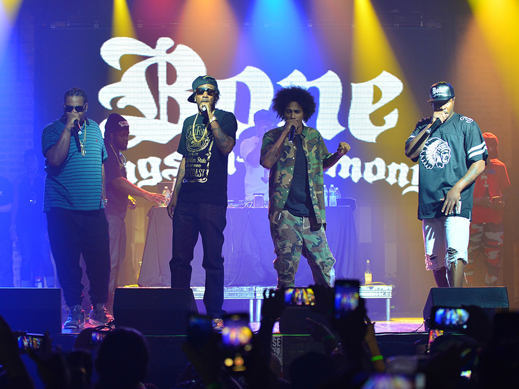 (L-R) Charles C. (Wish Bone) Scruggs, Anthony (Krayzie Bone) Henderson, Steven (Layzie Bone) Howse and Stanley (Flesh-n-Bone) Howse of Bone Thugs-n-Harmony in concert at Revolution Live on Sept. 28, 2019 in Fort Lauderdale, Fla.