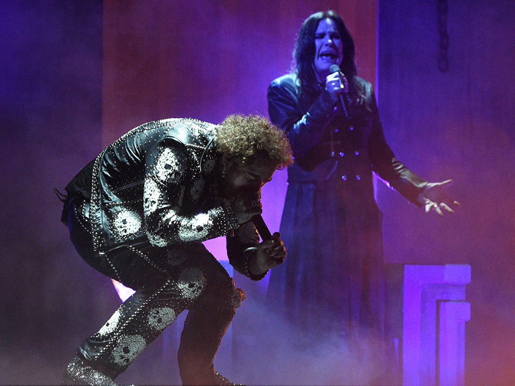 (L-R) Post Malone and Ozzy Osbourne perform onstage during the 2019 American Music Awards at Microsoft Theater on Nov. 24, 2019, in Los Angeles, Calif.