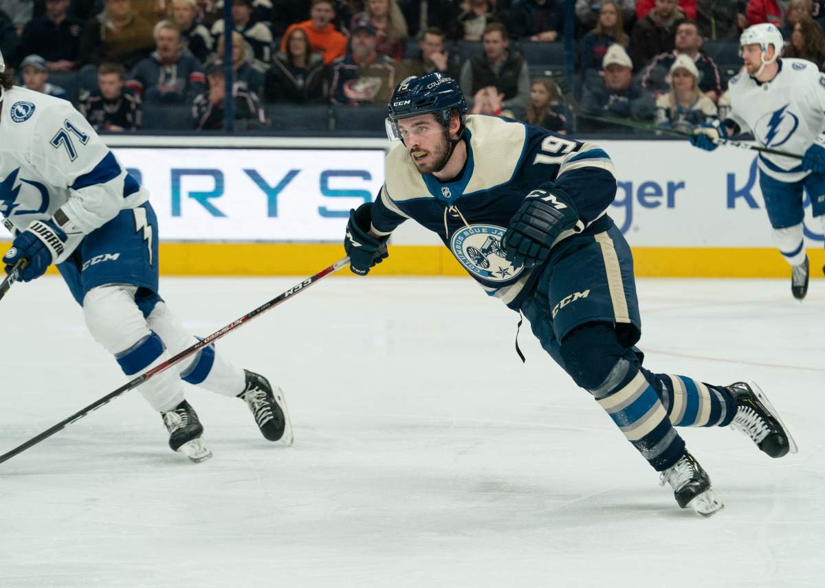 COLUMBUS, OH - FEBRUARY 10: Columbus Blue Jackets center Liam Foudy (19) skates during the game between the Columbus Blue Jackets and the Tampa Bay Lightning at Nationwide Arena in Columbus, Ohio on Feb. 10, 2020. 