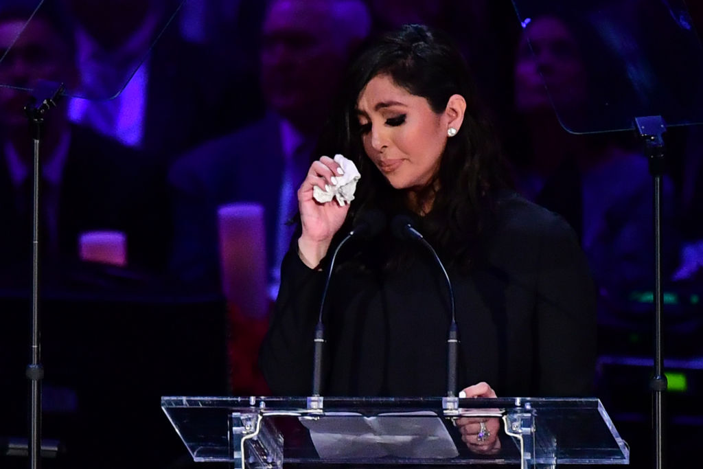 Kobe Bryant’s wife Vanessa Bryant speaks during the “Celebration of Life for Kobe and Gianna Bryant” service at Staples Center in Downtown Los Angeles. (Photo by FREDERIC J. BROWN / AFP via Getty Images).