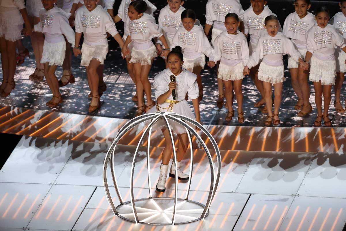 Emme Maribel Muñiz, daughter of Jennifer Lopez (not in frame), performs during the Pepsi Super Bowl LIV Halftime Show at Hard Rock Stadium on Feb. 02, 2020, in Miami, Fla. (Photo by Elsa/Getty Images)