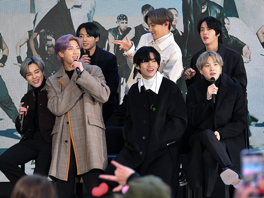 (L-R) Jimin, RM, Jungkook, V, J-Hope, Jin, and SUGA of the K-pop boy band BTS visit the ‘Today Show’ at Rockefeller Plaza on Feb. 21, 2020, in New York City.