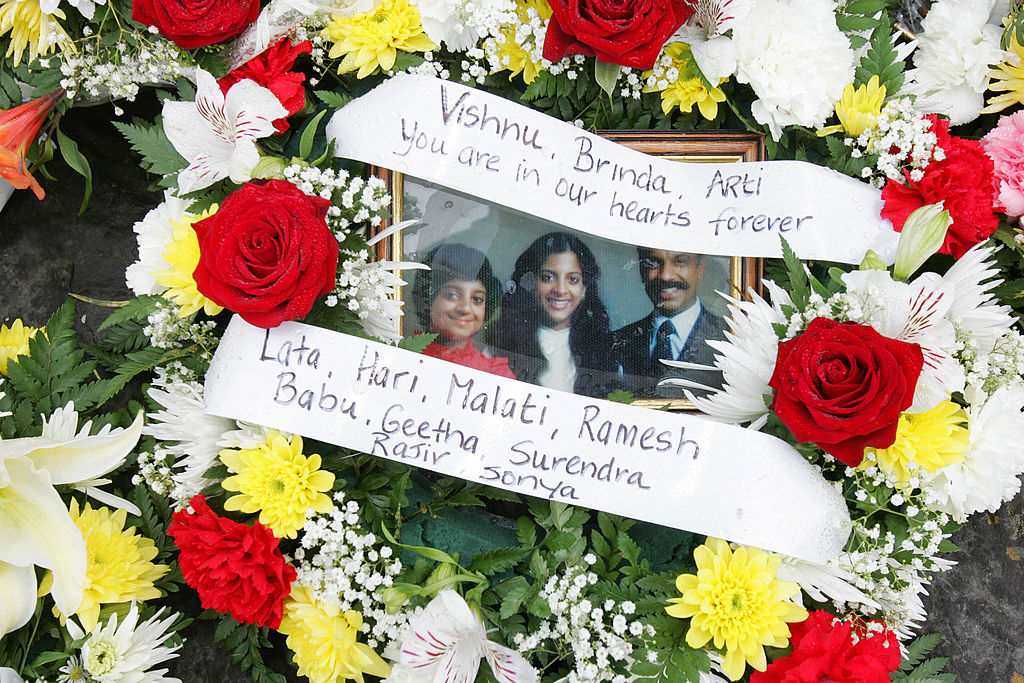 A wreath left for Lata Pada’s family at the memorial ceremony to commemorate the 20th anniversary of the Air India disaster,  June 23, 2005. (Fran Caffrey/AFP via Getty Images)