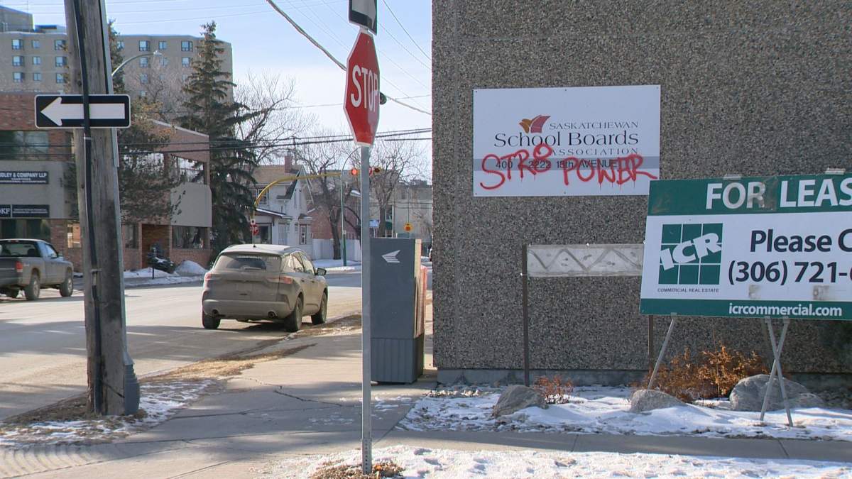 Anti-LGBTQ2 graffiti appeared on the Saskatchewan School Boards Association building on Saturday. 