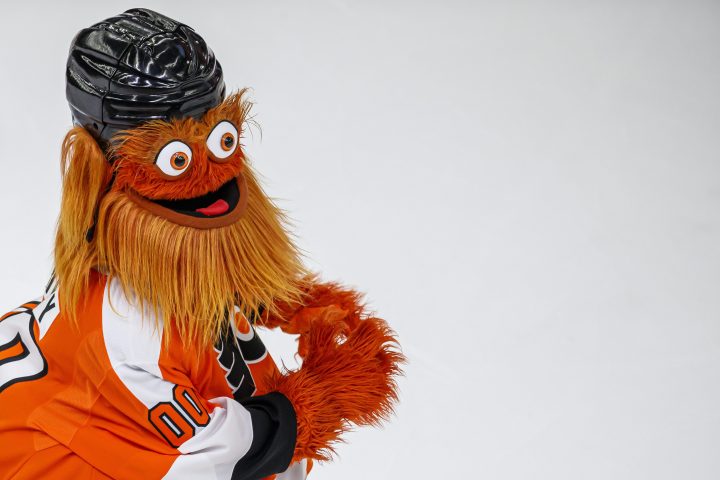 Philadelphia Flyers mascot Gritty during a friendly game between Switzerland's Lausanne HC and the NHL club Philadelphia Flyers, in Lausanne, Switzerland, Monday, Sept. 30, 2019.