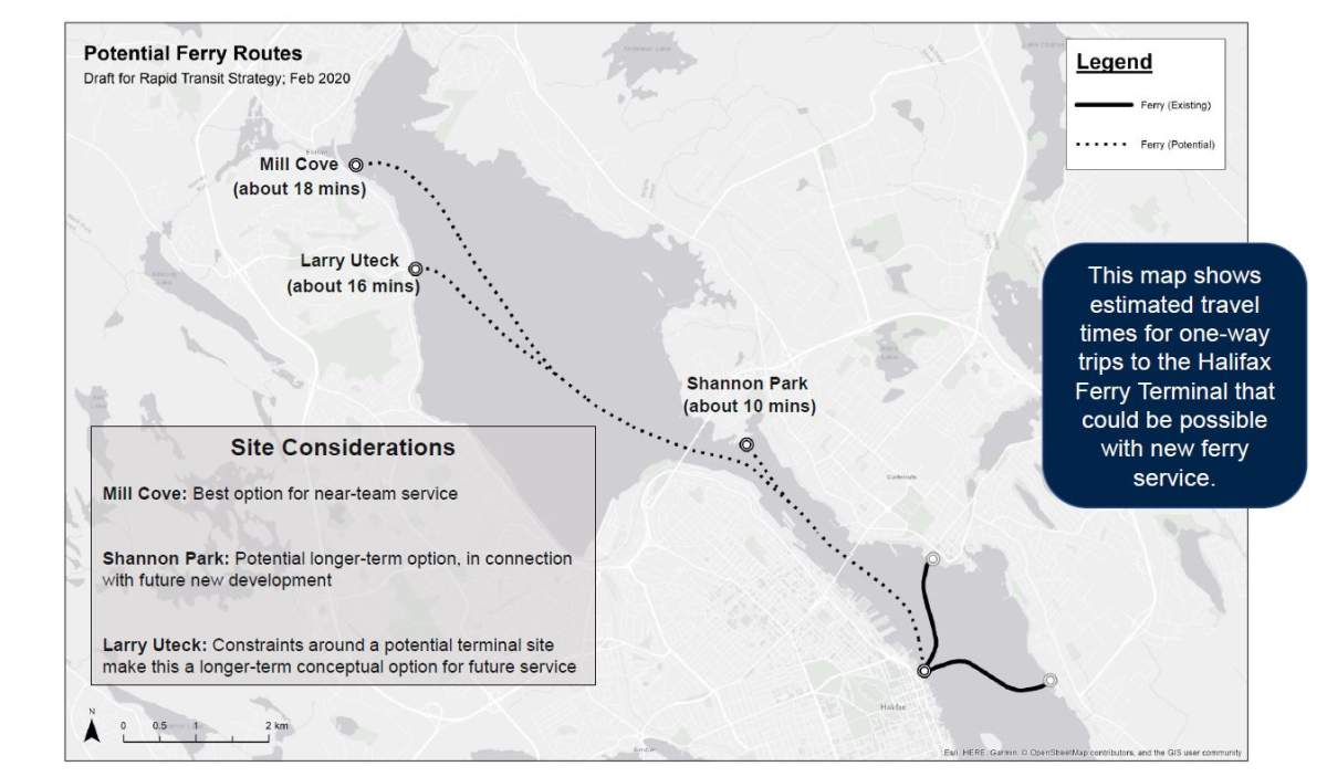 A map depicting the possible routes of a new proposed Halifax Ferry service.