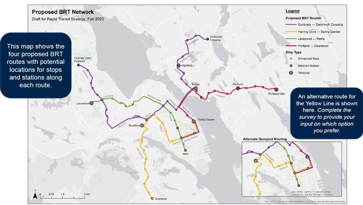 A map showing the four proposed routes of a new rapid transit bus route in Halifax.