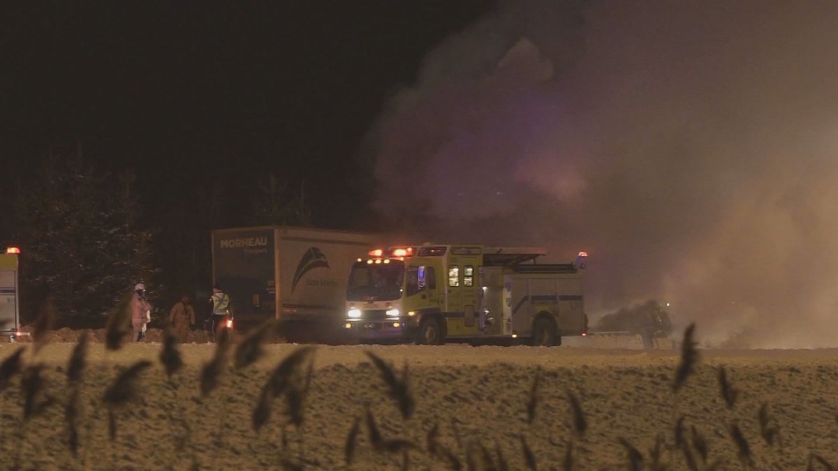 A truck that caught fire on Highway 15 heading south in the Laurentians forced two of the highway's four southbound lanes to close during the morning rush hour on Feb. 12, 2020.