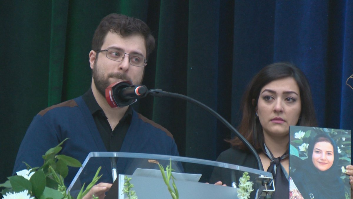 Javad Soleimani speaks at a memorial about his wife Elnaz Nabiyi, killed by an Iranian missile attack on a passenger plane. 