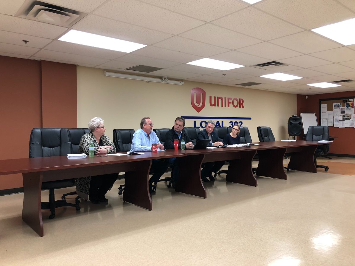 From left to right: Unifor Local 302 Vice President Lisa Tucker, Unifor National Healthcare Council President Jim Kennedy, Director of Health Care Unifor Andy Savela, Ontario Health Coalition Co-Chair Peter Bergmanis and Personal Support Worker Shoshannah Bourgeois.