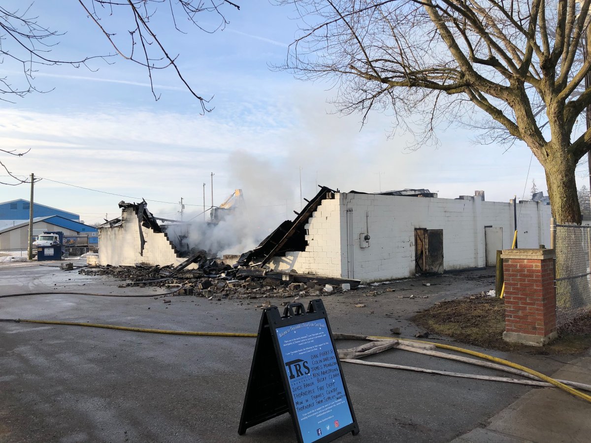 Thames Centre firefighters tend to the remnants of a blaze that tore through the Thorndale Lions Community Centre on Feb. 24, 2020.