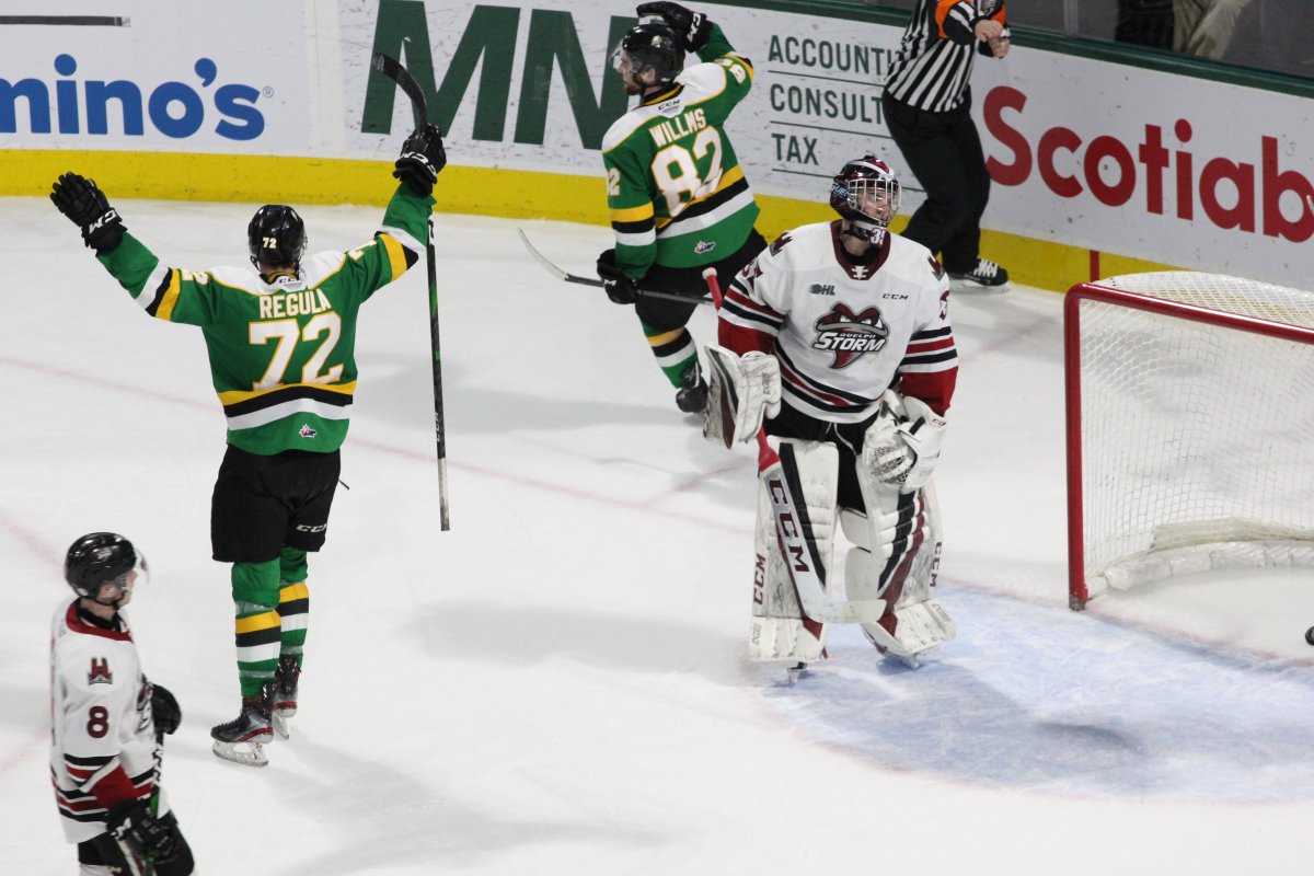 Jason Willms and Alec Regula of the London Knights celebrate Willms' winning goal in overtime as the London defeated Guelph 4-3 on Feb. 26, 2020.