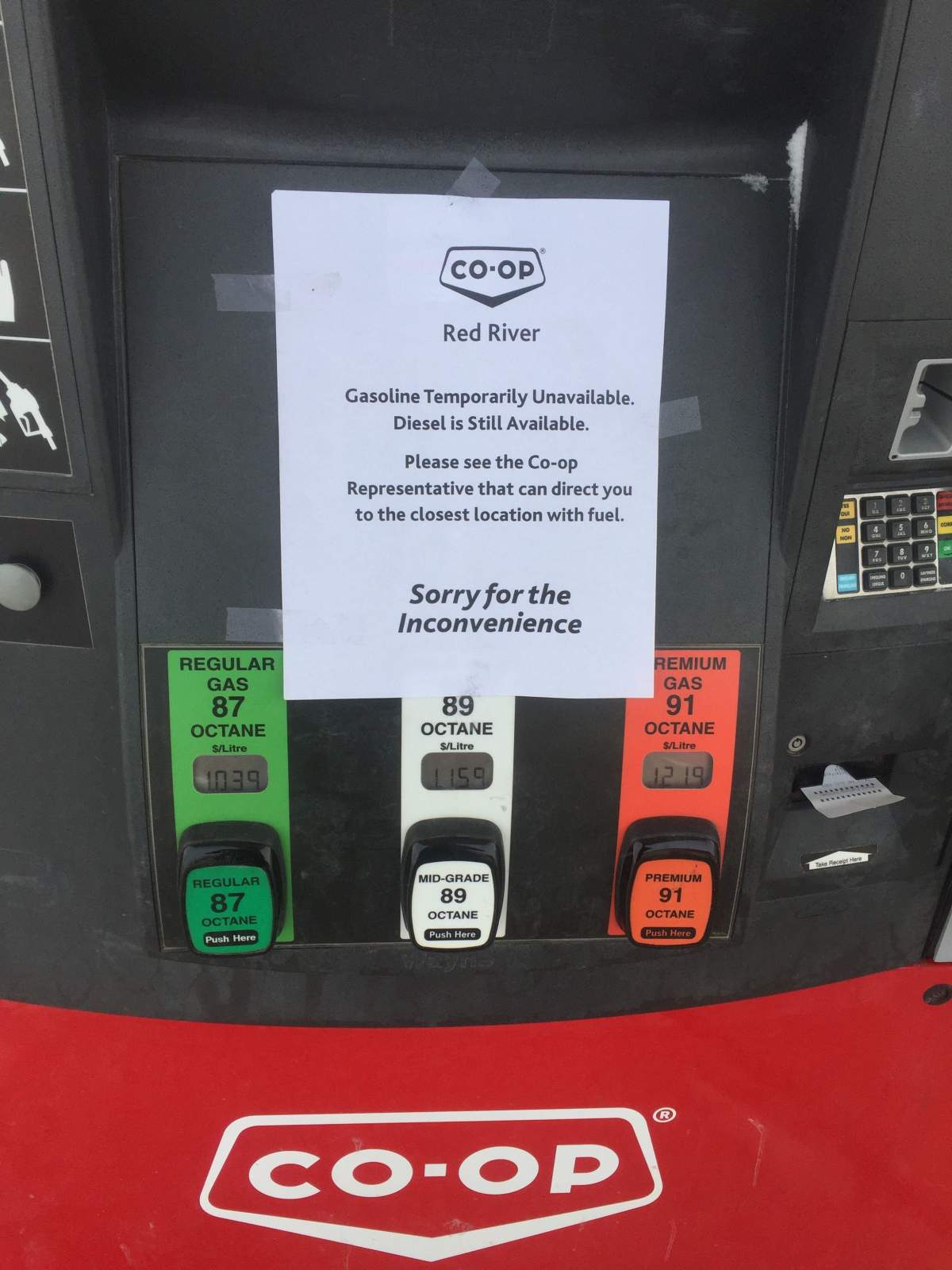 A sign posted on a gas pump at the Co-op Gas station on Route 90 Thursday.