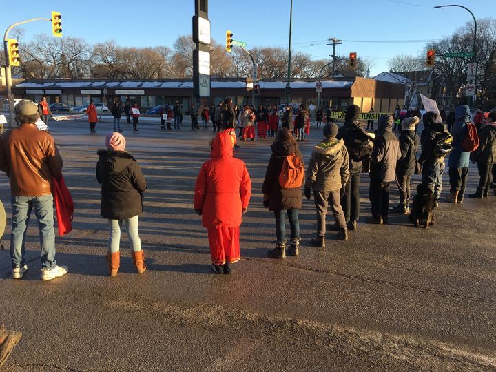 A protest takes place on Portage Avenue Monday to show support to Wet'suwet'en and Tyendinaga. 