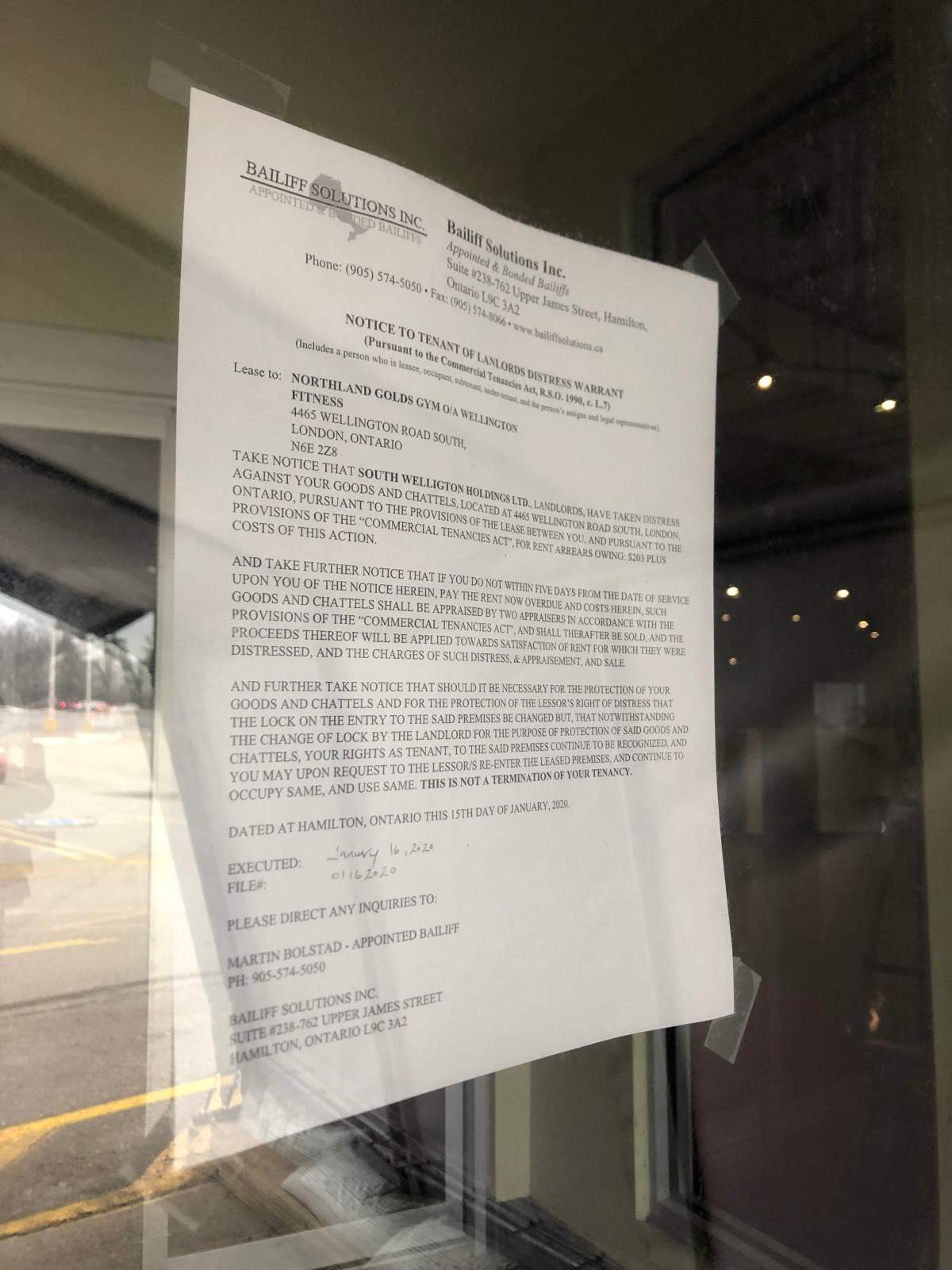 Bailiff notice at Wellington Fitness in London