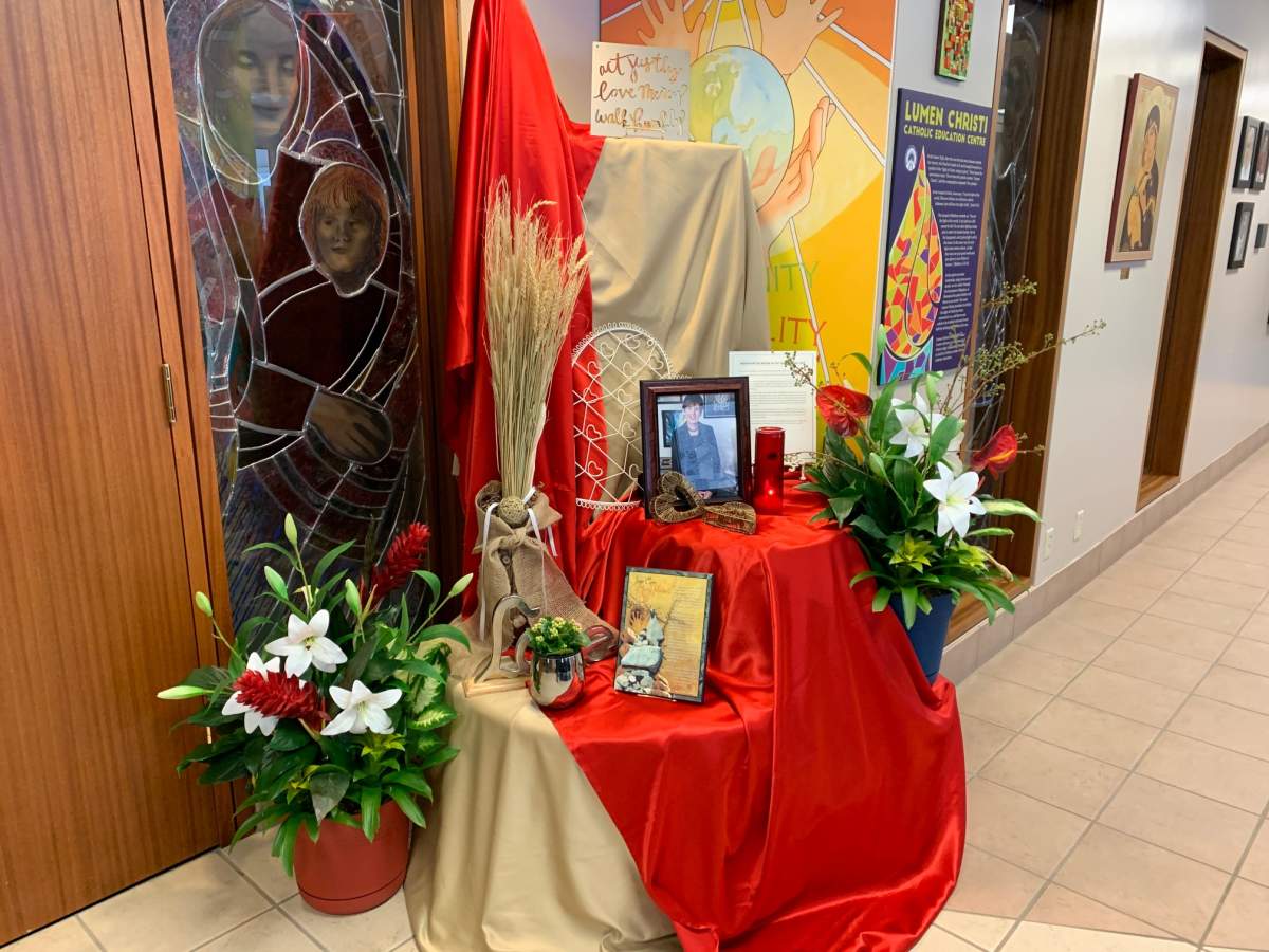 A memorial was set up by Edmonton Catholic Schools to honour the late Joan Carr. Thursday, Feb. 13, 2020.