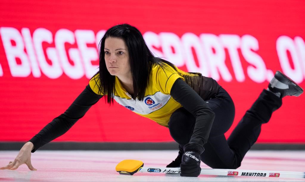 Team Manitoba skip Kerri Einarson watches her shot during draw 18 against team Wildcard at the Scotties Tournament of Hearts in Moose Jaw, Sask., Friday, Feb. 21, 2020.