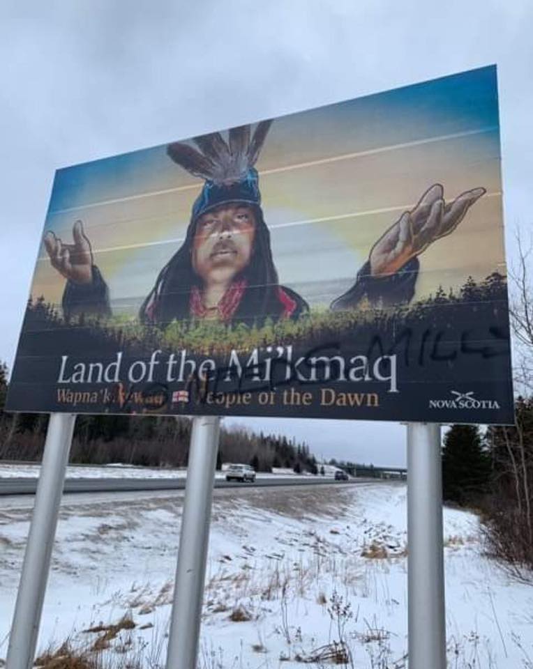 A provincial sign along highway 104 was defaced over the weekend. 