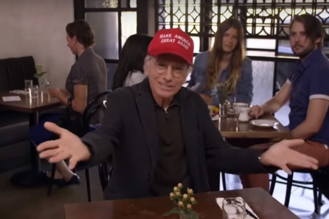 Larry David is shown wearing a Make America Great Again hat in this still image from his show, ‘Curb Your Enthusiasm.’